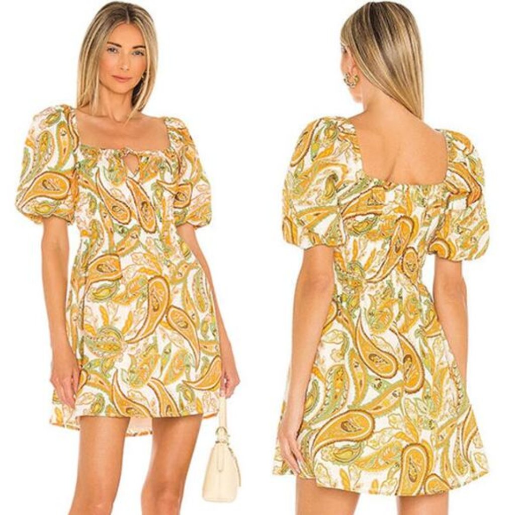 Nwt Faithfull The Brand Nikoleta Scoop Neckline Puff Sleeve Mini Dress Yellow